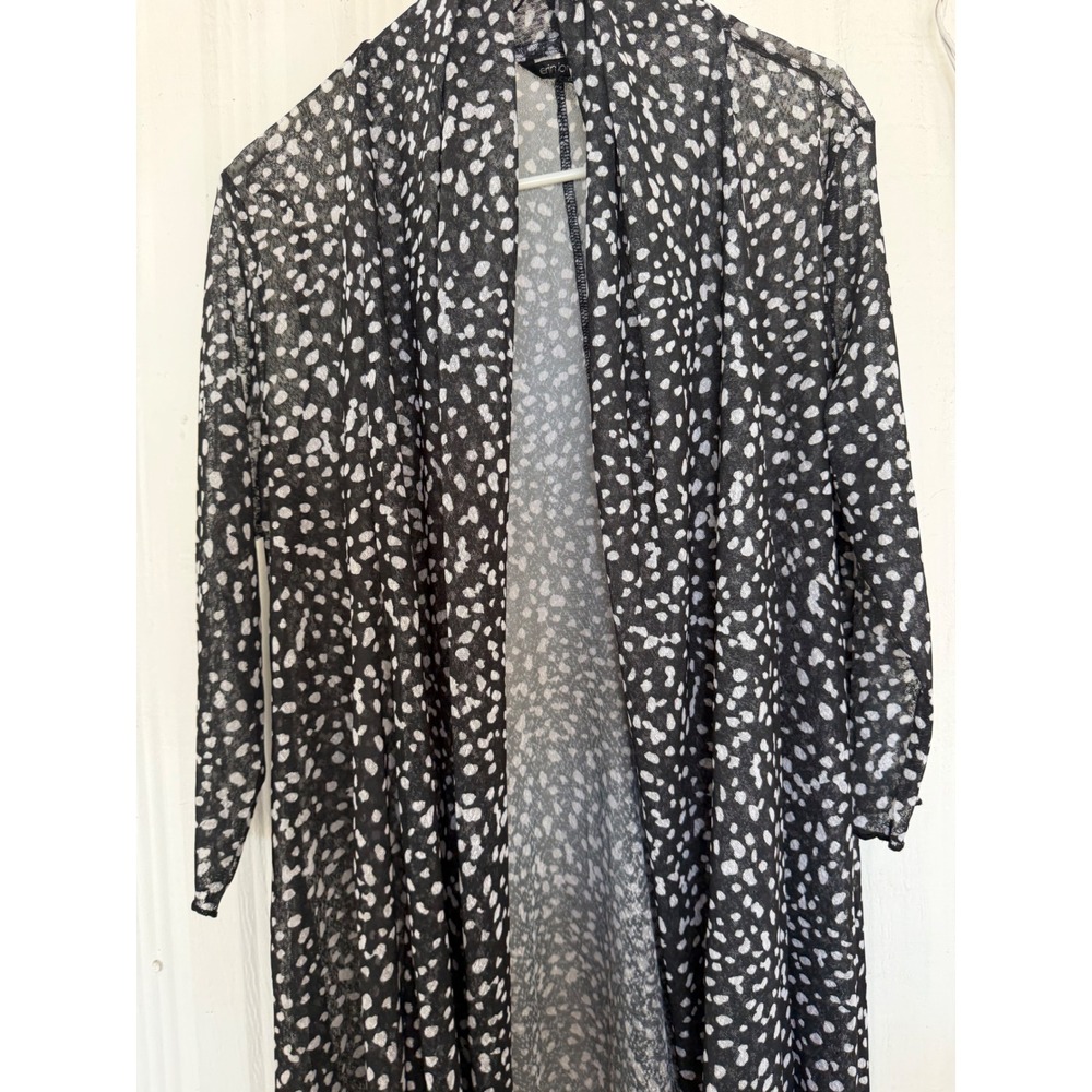 Erin London WomensSmall Black White Mesh Dot Open Front Longline Cardigan Duster